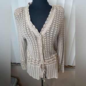 Women’s Beige Crochet Knit Cardigan Waist Cincher Pearl Buttons OSFM
